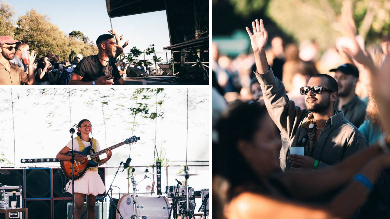 Collage de photos où l'on voit des festivaliers danser dans le Parc de la Roche Rouge à Saint-Briac sur Mer